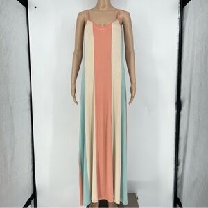 Adora Womens Maxi Dress Sleeveless Wide Vertical Stripes Coral Aqua Cream NWOT